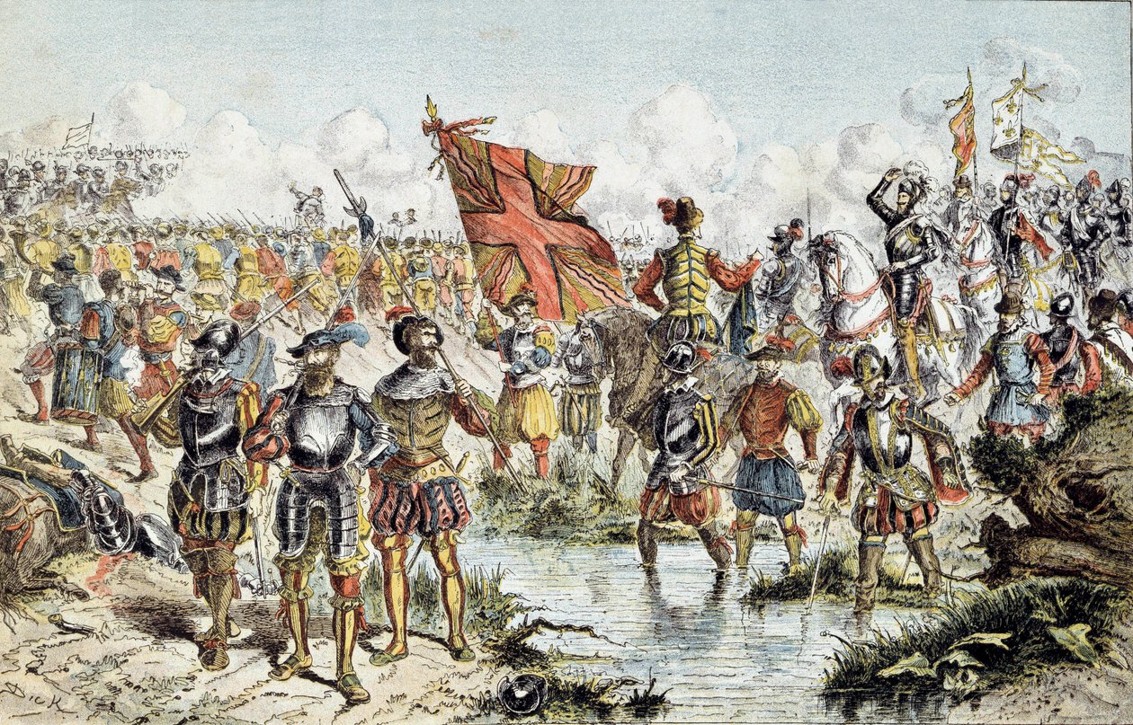 Oitava Guerra das Religiões (1585-1598): a batalha de Ivry em 14/03/1590 entre o exército real de Henrique IV (que prevalecerá) e a Liga Católica. Ilustração do século XIX. Paris, Musee de l