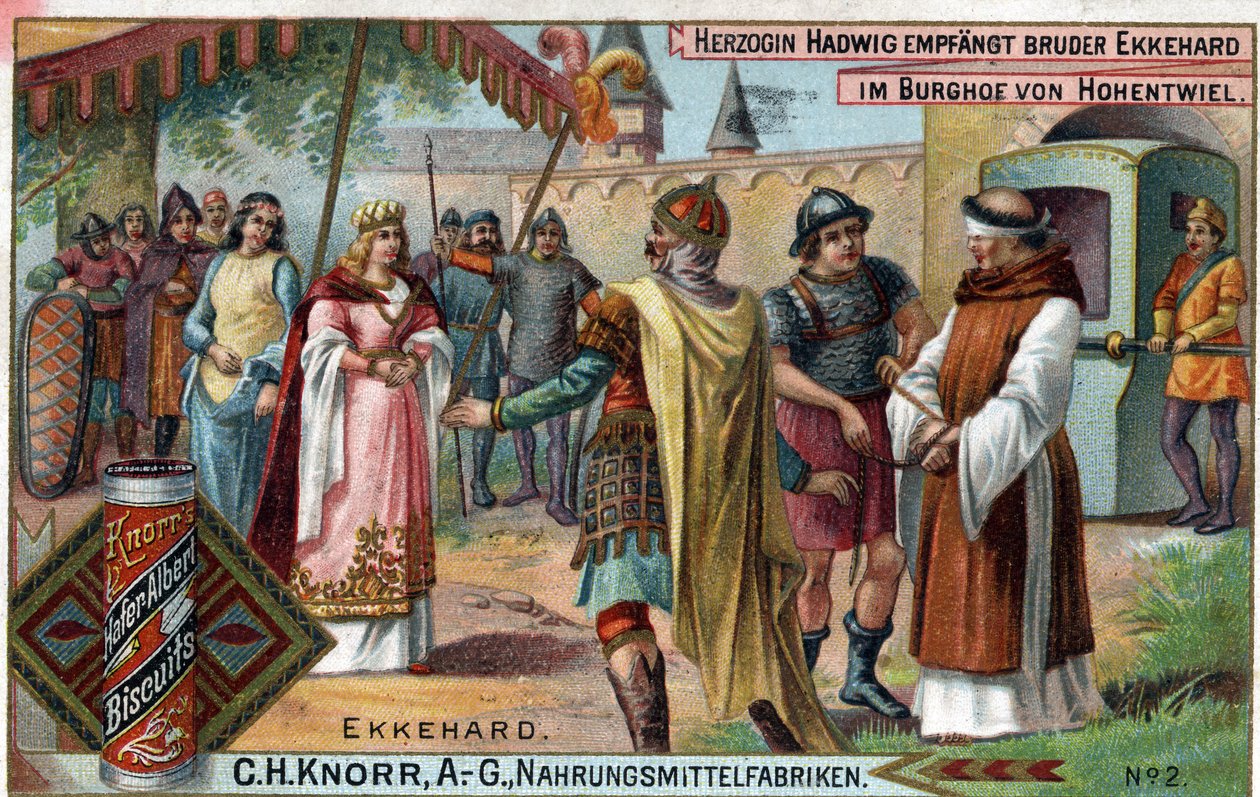 Ekkehard IV de St. Gallen (St. Gallen) ou Eckhard, Eckhart (980 -1057) erudit, e poeta latino. Duquesa Hadwig recebe o Irmão Ekkehard no pátio do castelo de Hohentwiel. Verso: "Irmão Ekkehard, que a Duquesa encomendou ao seu castelo como de Unknown artist