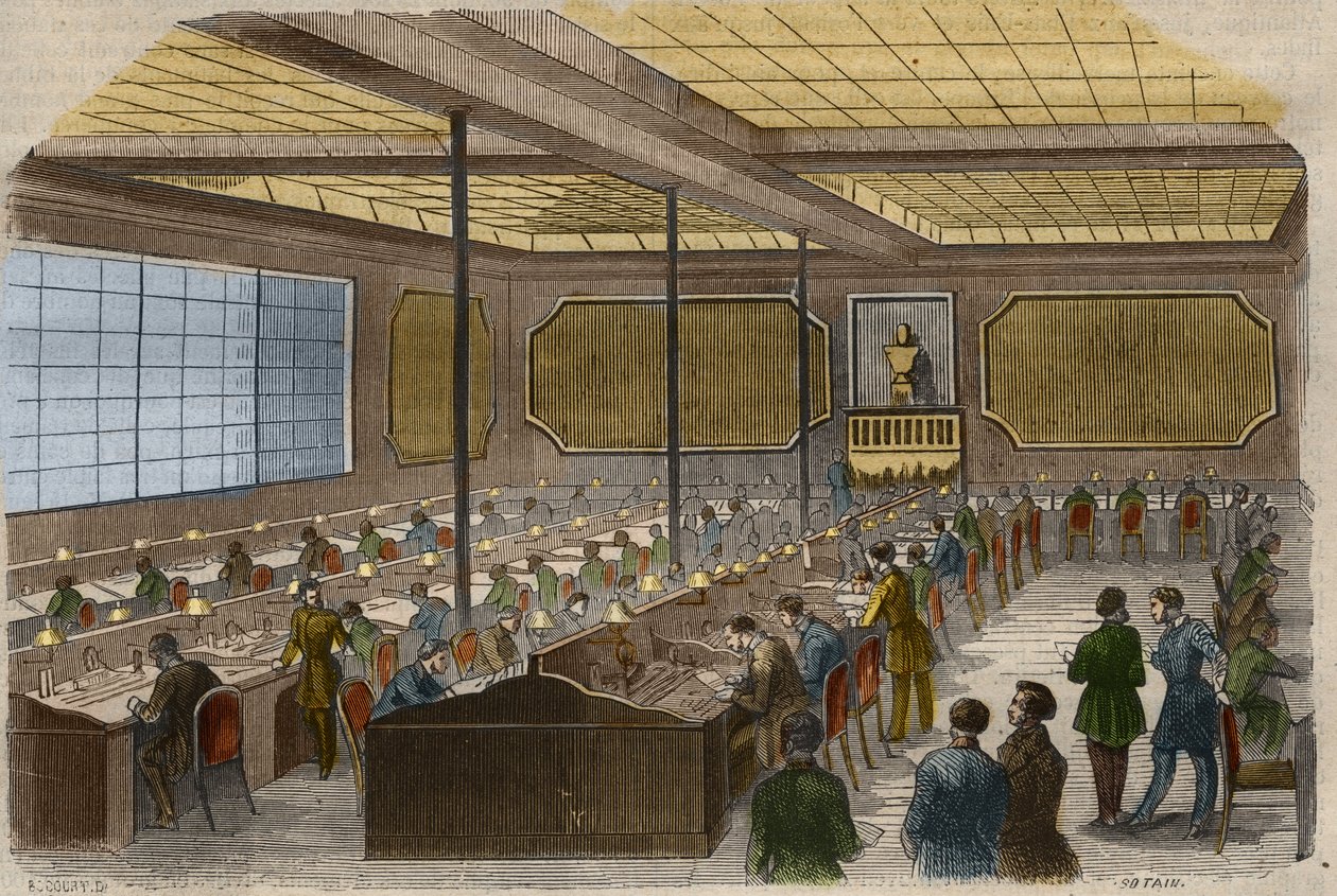 Telegrafia eléctrica: vista da estação central de linhas telegráficas do Ministério do Interior francês em Paris. Gravura a partir de 1856 em "Le Musee Des Sciences". de Unknown artist