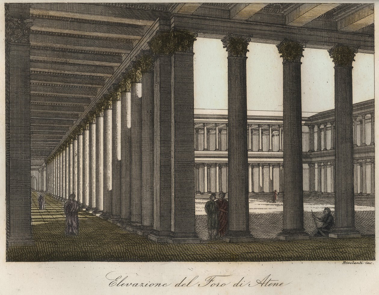 Elevação do fórum em Atenas (O Fórum Romano de Atenas está localizado ao norte da acrópole e a leste da ágora clássica original grega) gravada a partir de "Usi e Costumi di Tutti i i Popoli dell