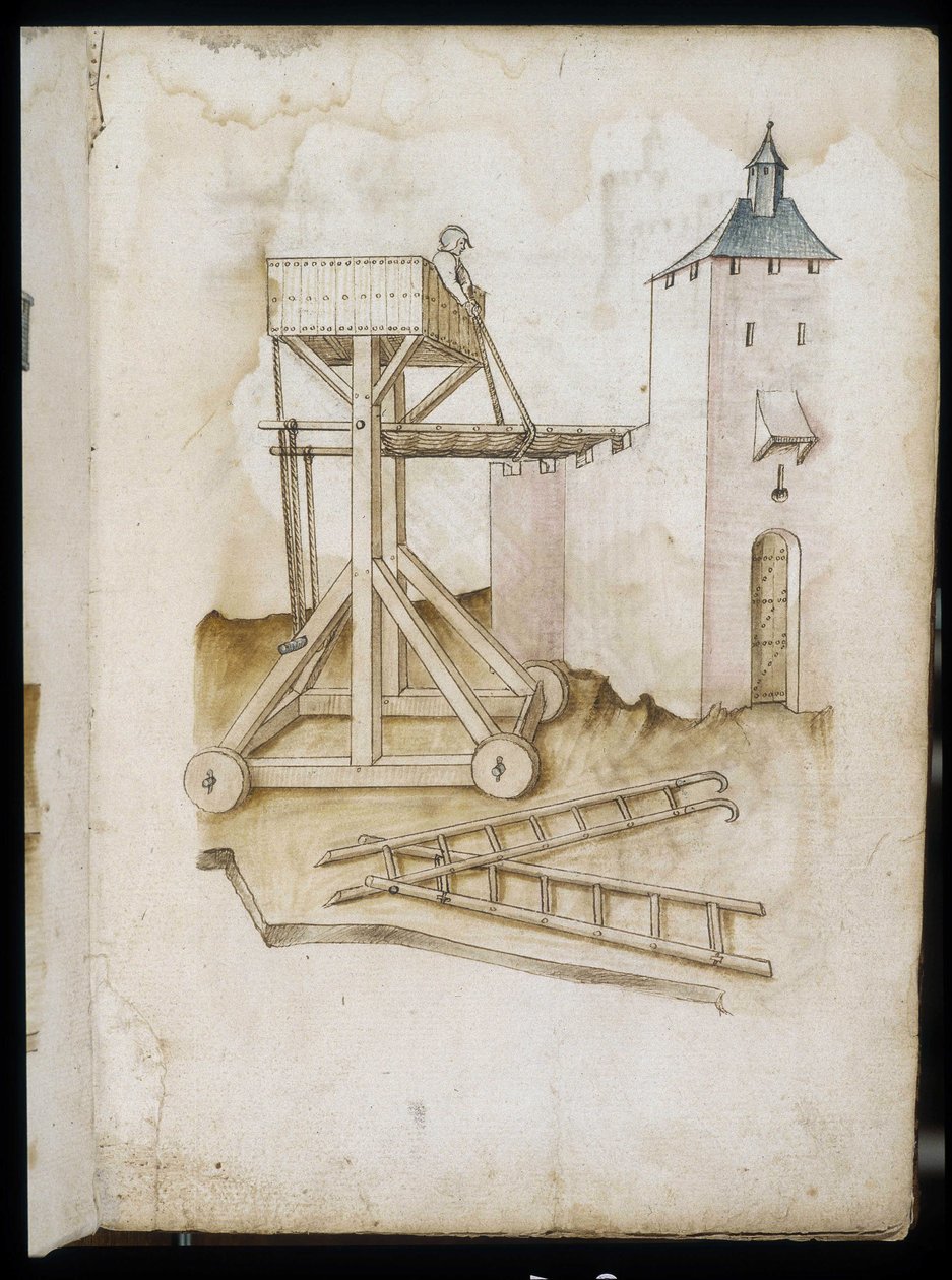 Sistema de elevação e escalas - Manuscrito: folha de pergaminho de um manual de engenharia para a construção de edifícios civis, religiosos e militares, anónimo, final do século XV (figura em tinta chinesa) de Unknown artist