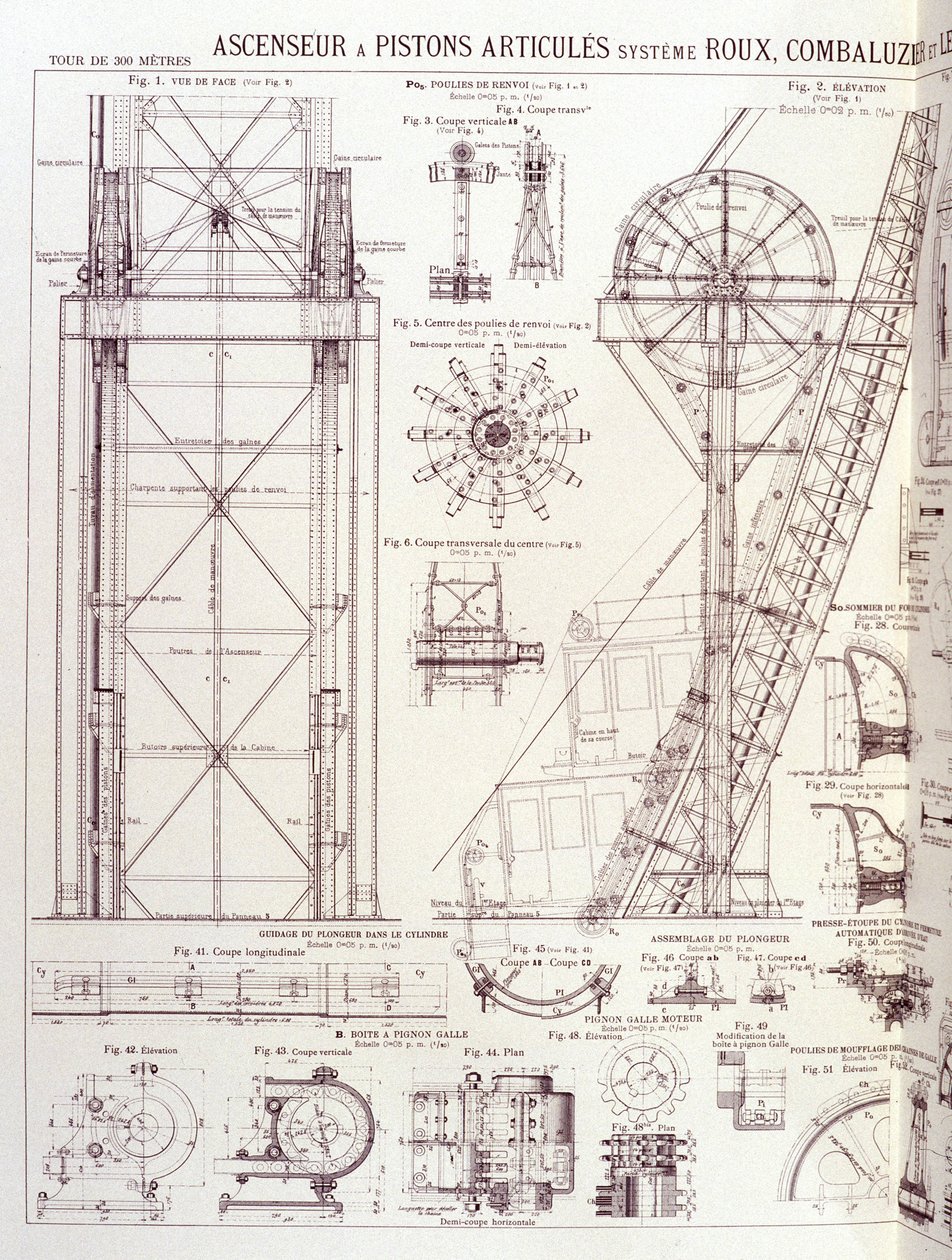 Elevador e pistões articulados da Torre Eiffel (sistema Roux-Combaluzier) - desenho industrial de Unknown artist