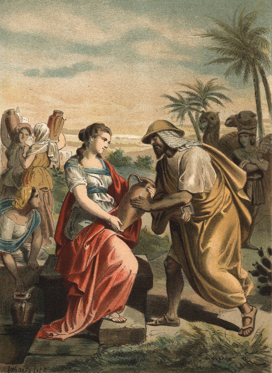 Eliezer, o servo de Abraão, acaba de encontrar a futura esposa de Rebecca, Isaac. Gravura de 1881.in "El Culto de la Hermosura" de Juan Justo Huguet, Molinas Hermanos editores de Unknown artist