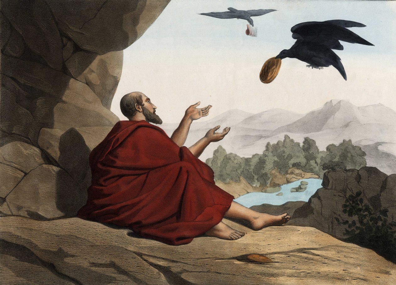 Elias, escondido pela corrente de Kerith, é alimentado pelos corvos. Gravura anónima de meados do século XIX. de Unknown artist