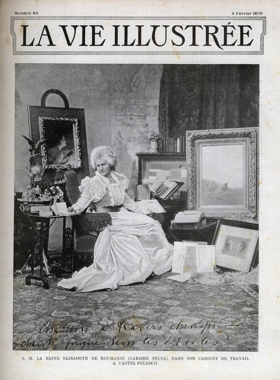 Elisabeth de Wied Queen consorte da Roménia 1843-1916 - Elisabeth de Wied - Elisabeth Pauline Ottilie Louise de Wied (conhecida como a caneta de Carmen Sylva), no seu escritório em Castel Pelesch - capa da vida ilustrada a partir de 1900 de Unknown artist