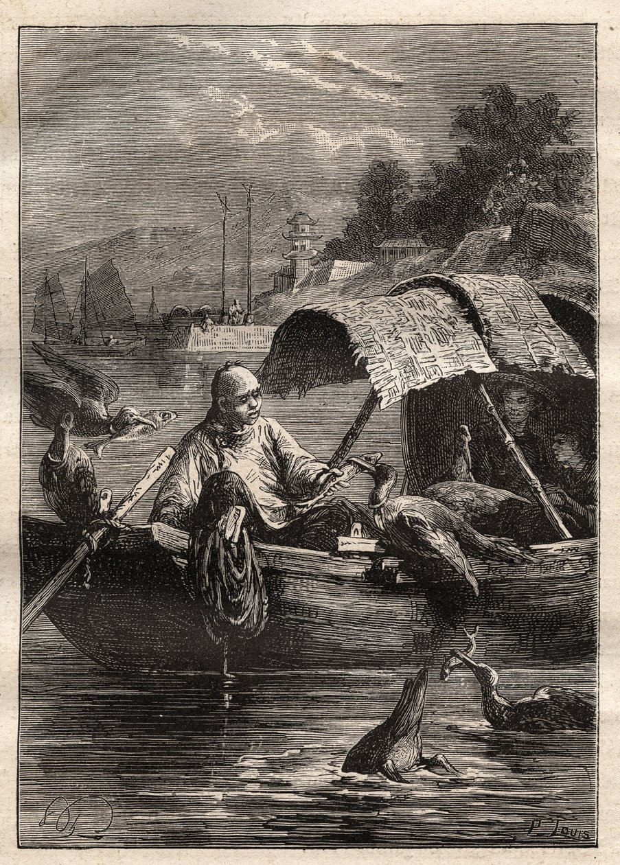 Embaixada do Senhor George McCartney (1737-1806) na China (1792-1793): O pássaro Leut-ze, representa a pesca (pesca do corvo-marinho) - ilustração de "The Great Mariners of the 18th century" (Os Grandes Marinheiros do século XVIII) de Unknown artist