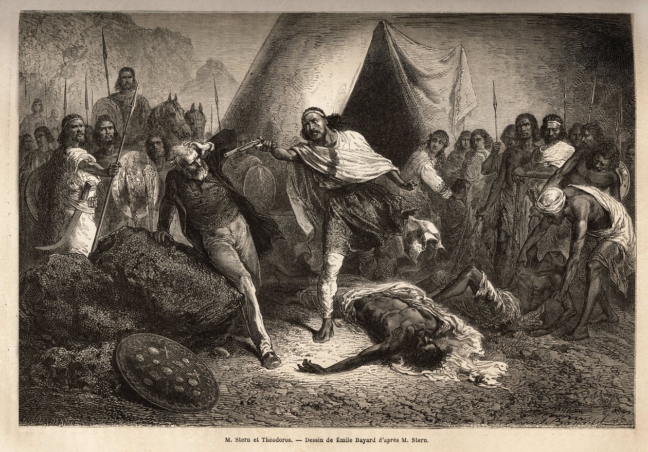 Imperador (ou negus) Theodoros II (Tewodros) (nascido por volta de 1818-1868, chamado Kassa Hailu antes da sua coroação no Império Etíope), ameaçou com a sua arma o Sr. Stern, um missionário inglês que redia uma biografia de negus, pela qual Theodoros sent de Unknown artist