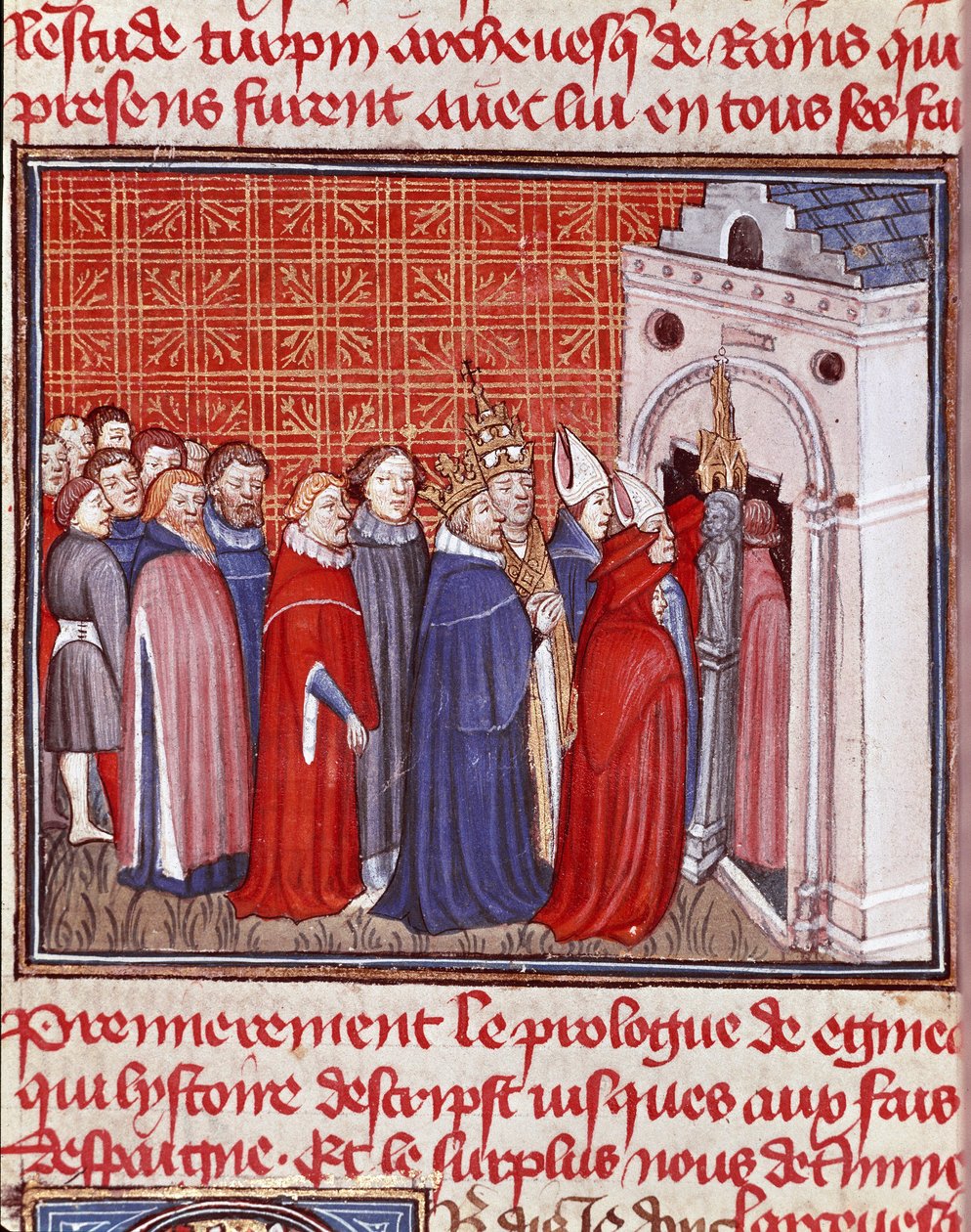 Imperador Carlos Magno (742-814) coroas entram numa igreja seguida de miniaturas de "Les grandes Chronicles de France" Chantilly do século XV, Musee Conde de Unknown artist