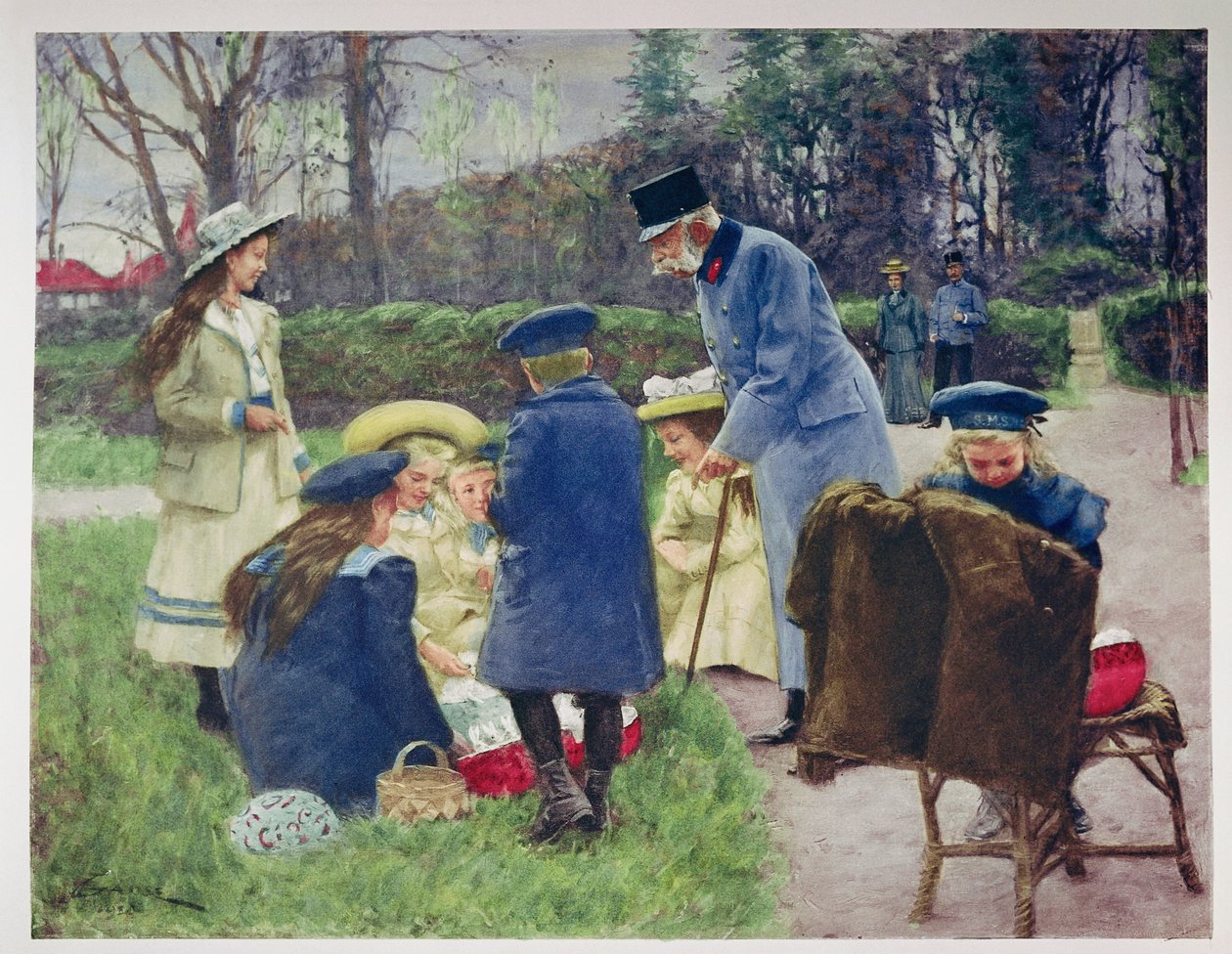 O imperador Francisco José observa a sua neta no parque da sua villa em Ischl, na Alta Áustria de Unknown artist