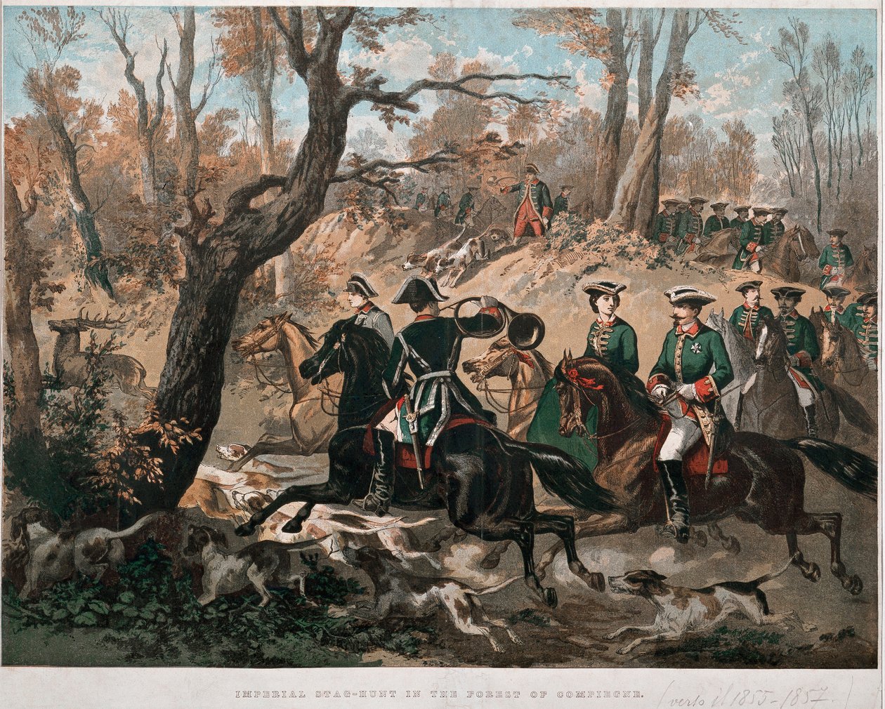 Imperador Napoleão III (1808-1873) e sua esposa Eugenia de Montijo (1826-1920) caminhando pela floresta de Compiegne Litografia em cores por volta de 1855 Milan Museo del Risorgimento de Unknown artist