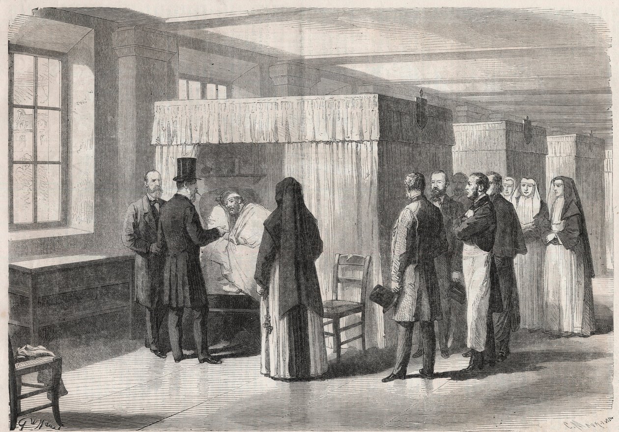O imperador Napoleão III (1808-1873) visita os quartos do Hotel Dieu (Hotel-Dieu) para pacientes com cólera e conversa com eles - Gravação no "Mundo Ilustrado de Unknown artist