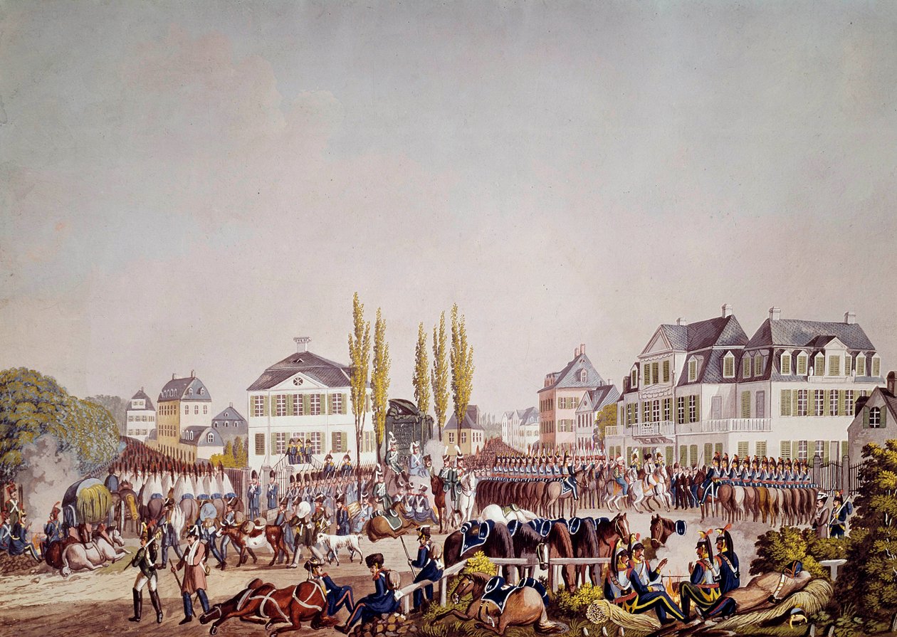 O Imperador Napoleão I (1769-1821) analisa as tropas em Frankfurt. Gravura de 1813. Frankfurt, Museu Histórico de Unknown artist
