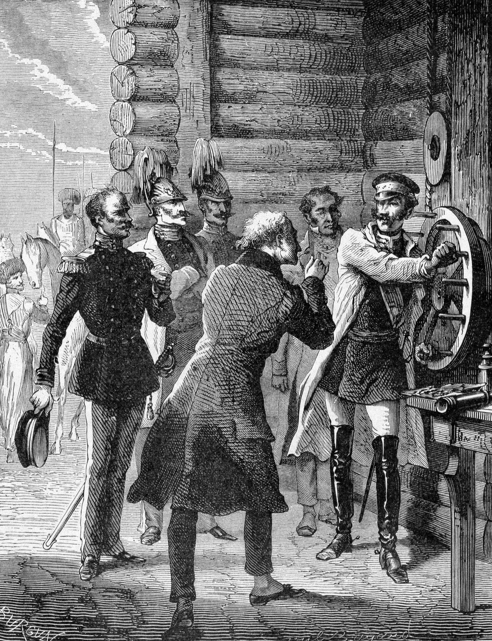 O Imperador Nicholas I realizou o primeiro teste da linha telegráfica de São Petersburgo a Varsóvia em 1838. Gravura do século XIX de Unknown artist