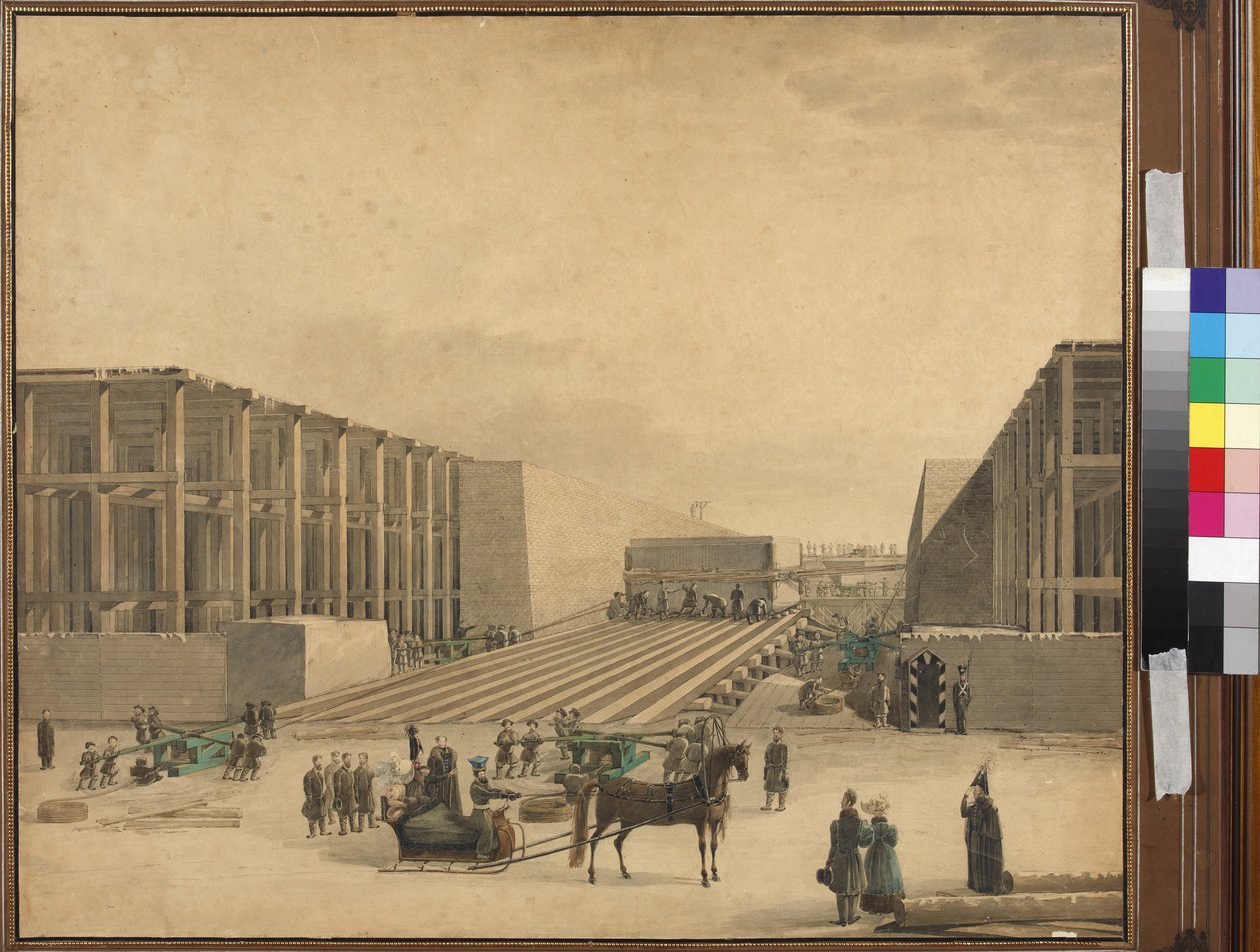 Imperador Nicholas I visitando o canteiro de obras da Coluna Alexandre - Anónimo. Aguarela sobre papel, depois de 1836. Museu Estadual de História de São Petersburgo de Unknown artist
