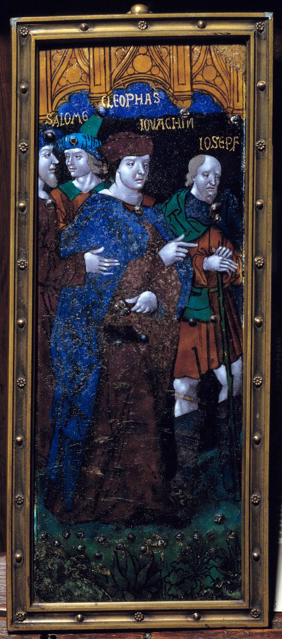 Placa de esmalte representando os personagens bíblicos de Salomé, Cleofas, Joachim e José. Email em bronze, provavelmente do século XVI. Dim. 0,26x0,11 m. Paris, Museu Nacional da Idade Média, Termas de Cluny de Unknown artist