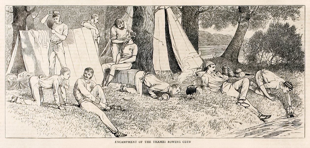 Acampamento do Thames Rowing Club. Esboços de um lançamento a vapor na Henley Regatta publicado em julho de 1878 de Unknown