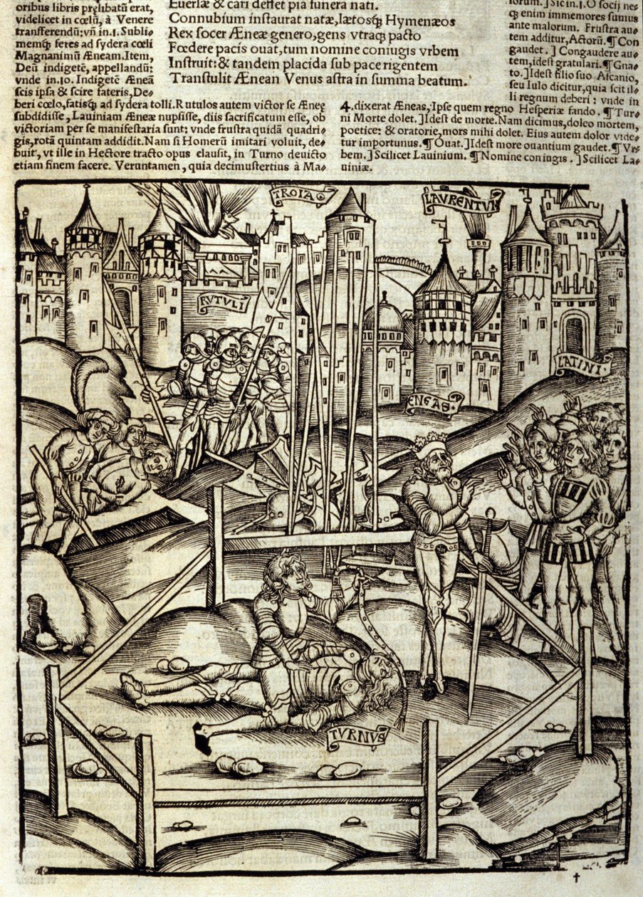 Eneide de Virgil (70 AC-19 AC), Livro XII, o herói troiano Enee mata em uma batalha de Turnos sob os olhos dos latinos e Rutules. Xilografia de Sebastian Brant (1458-1521). Estrasburgo de Unknown artist
