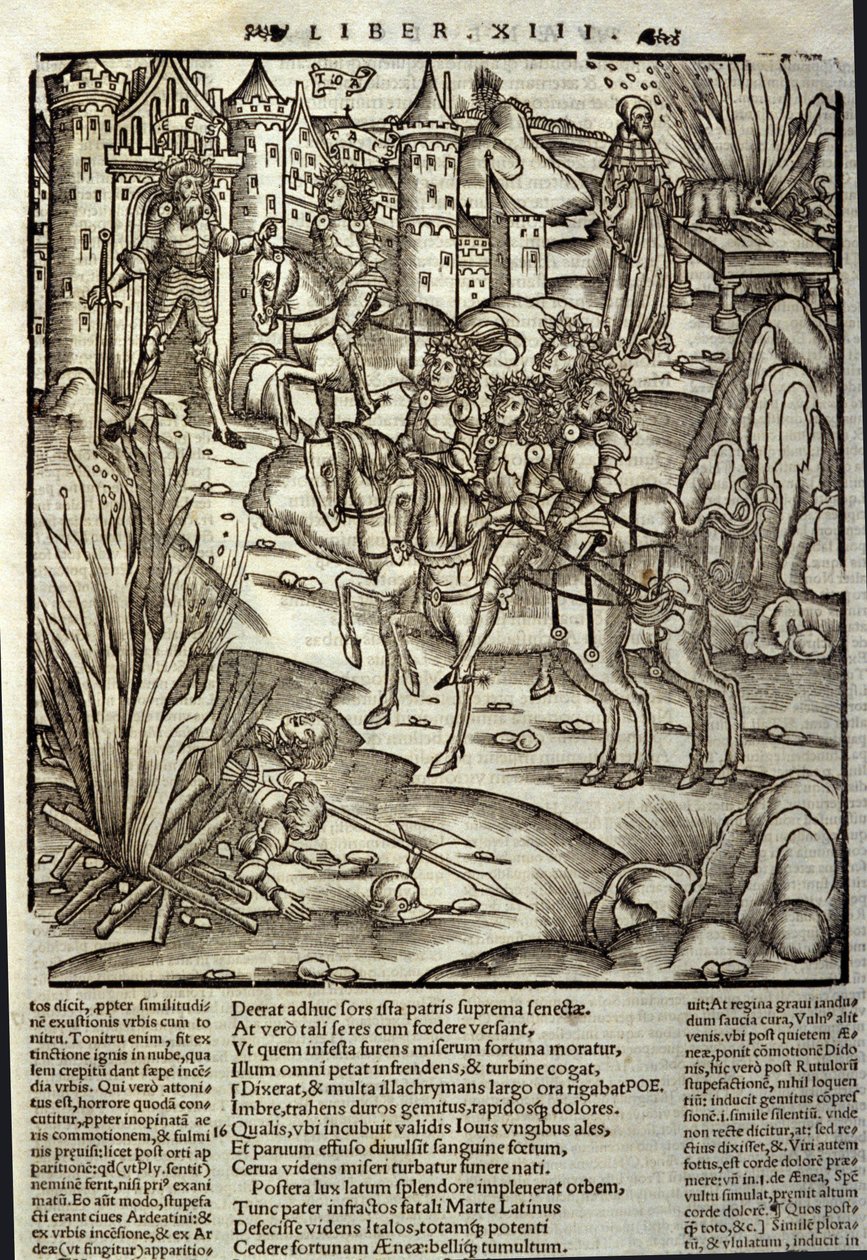 Eneide de Virgil (70 AC-19 AC), livro XIII (suplemento), os heróis de Tróia Enee recebem os latinos, os sacrifícios são feitos em honra das vítimas da guerra. Xilografia de Sebastian Brant (1458-1521). Estrasburgo de Unknown artist
