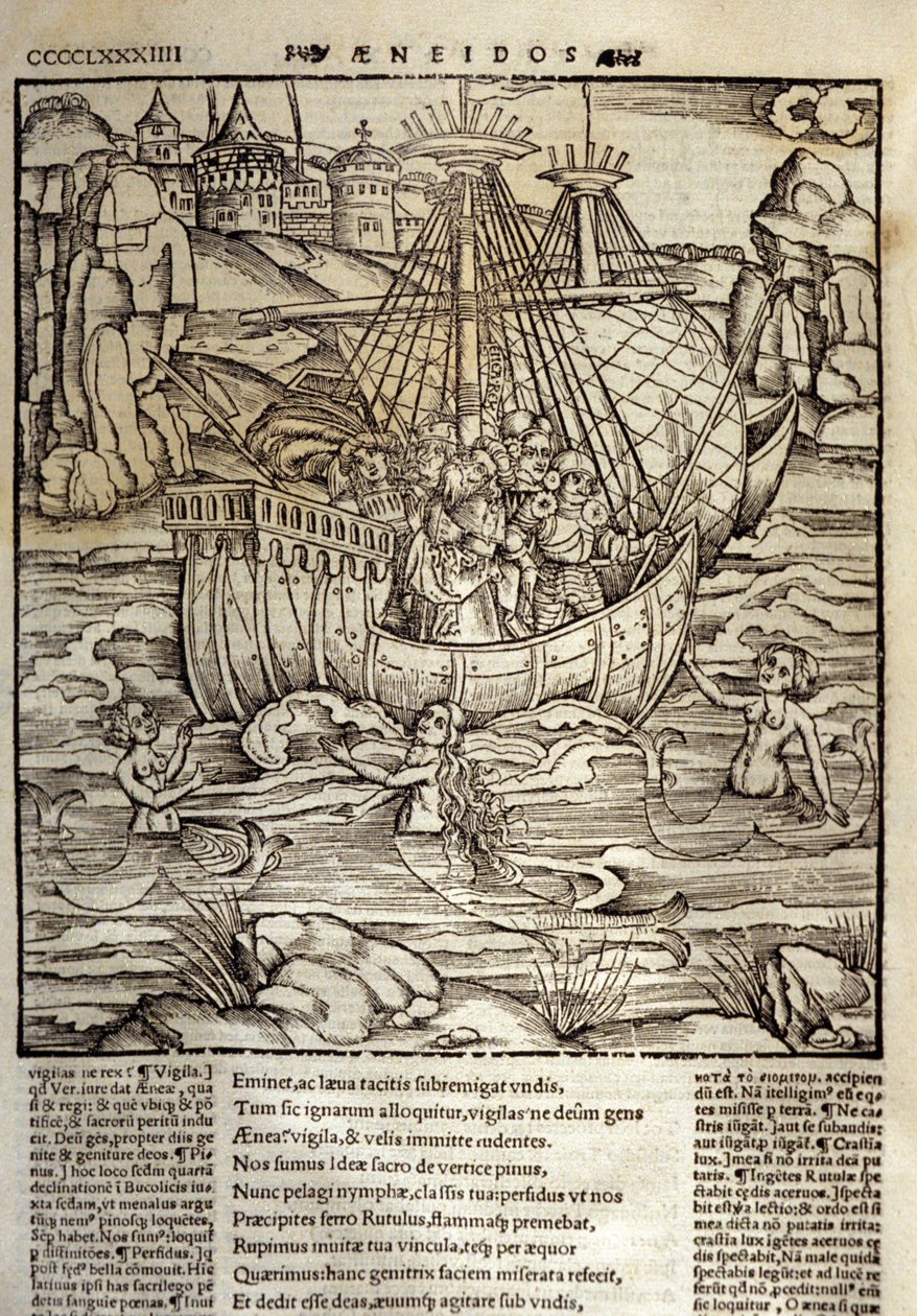 Eneide de Virgil (70 a.C.-19 a.C.), o herói troiano Enee e seus companheiros atravessam um mar cheio de sirenes. Xilografia de Sebastian Brant (1458-1521). Estrasburgo de Unknown artist