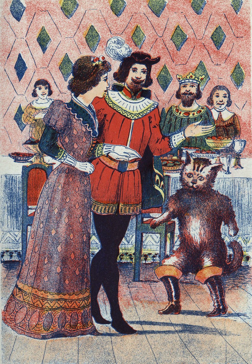 O noivado do Marquês de Carabas e da filha do Rei. Ilustração de "Le chat Botte", conto de Charles Perrault (1628-1703), escritor francês. Ilustração anônima. Imagery Marcel Vagne, Jarville Nancy, sem data (final do século XIX). de Unknown artist