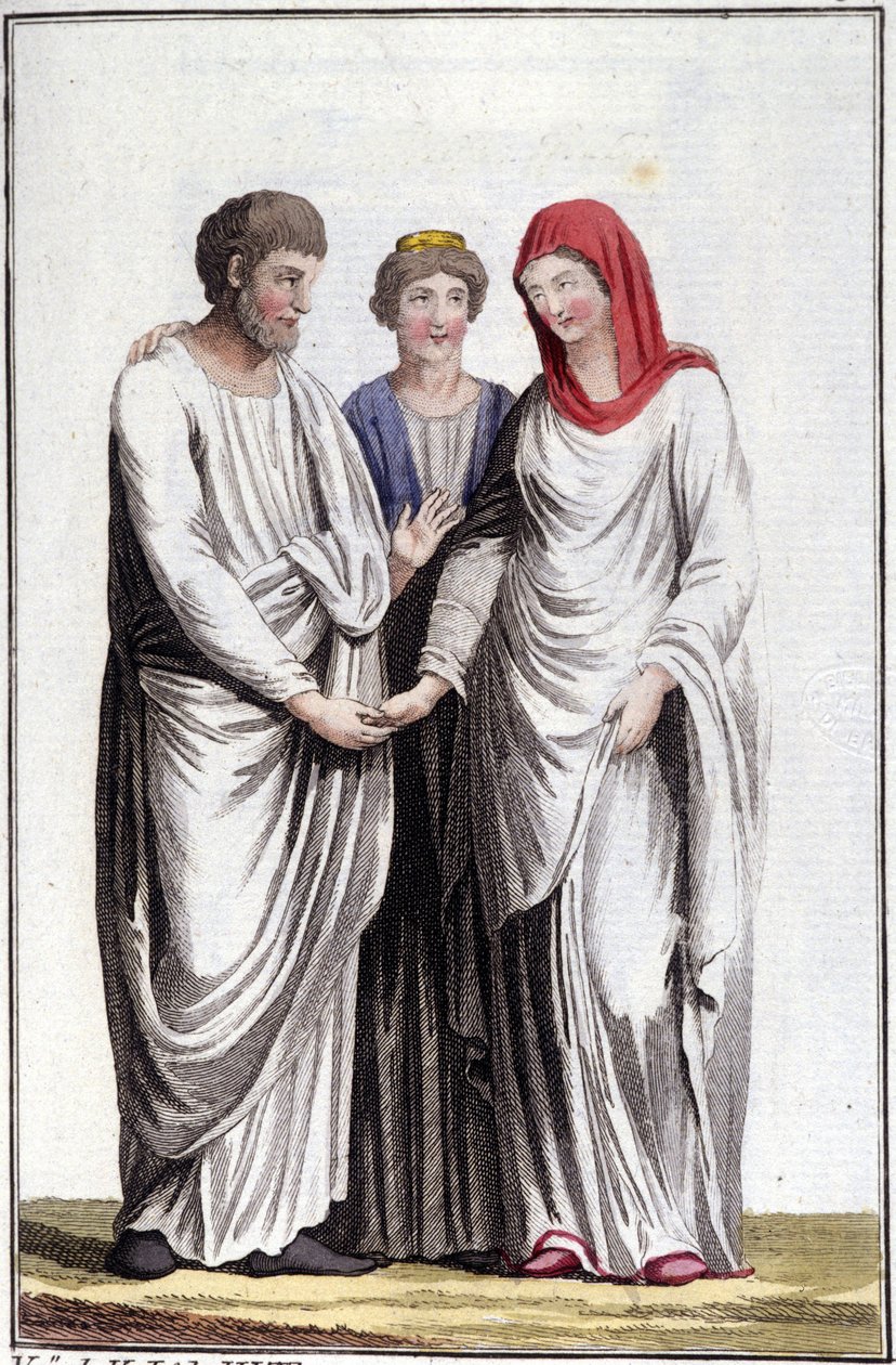 Noivado ou promessa de casamento: dextrarum iunctio ou união de mãos direitas. Gravura do século XIX. de Unknown artist