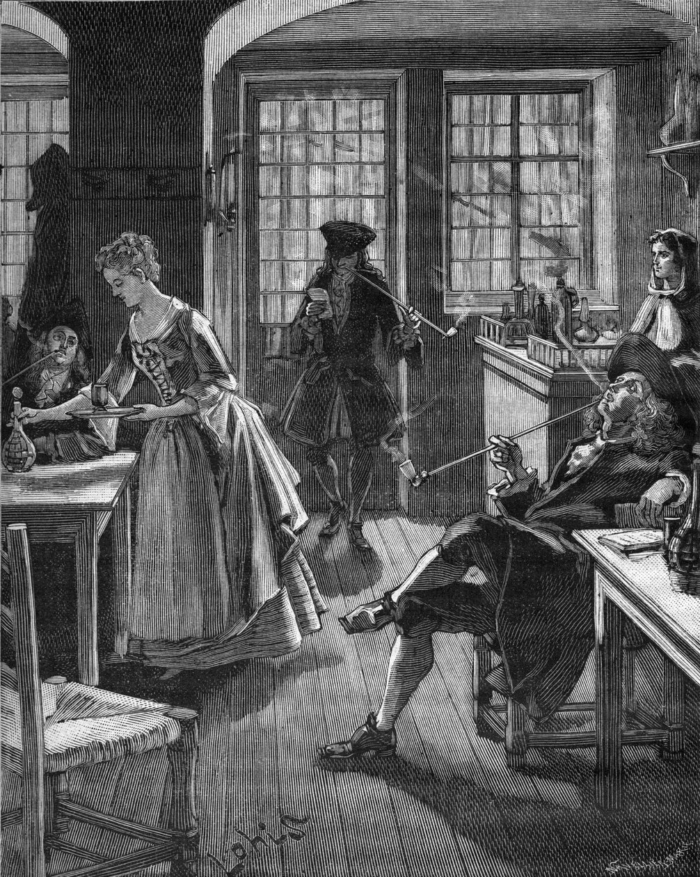 Inglaterra, final do século XVII: homens fumando em um café. Gravura do século XIX. No "Histoire de France" de Jules Michelet de Unknown artist