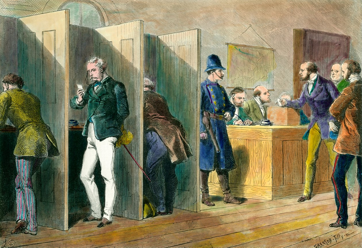 Democracia inglesa: Dentro de uma mesa de voto durante as eleições na Inglaterra com representação das cabines de votação. Gravura do século XIX. Col. Fora. de Unknown artist