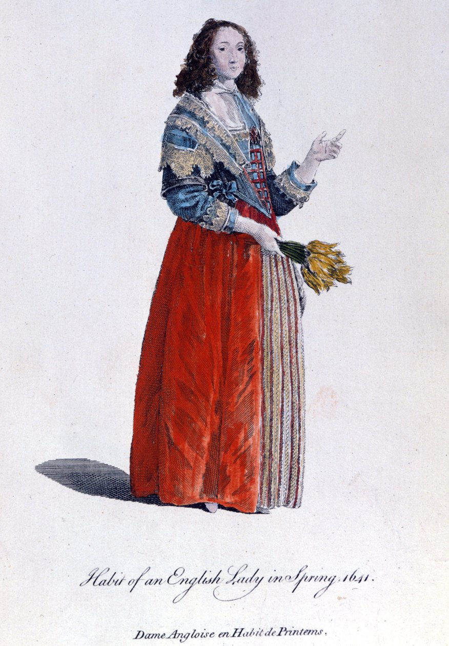 Mulher inglesa com vestido de primavera em 1641. Gravura do século XIX. de Unknown artist