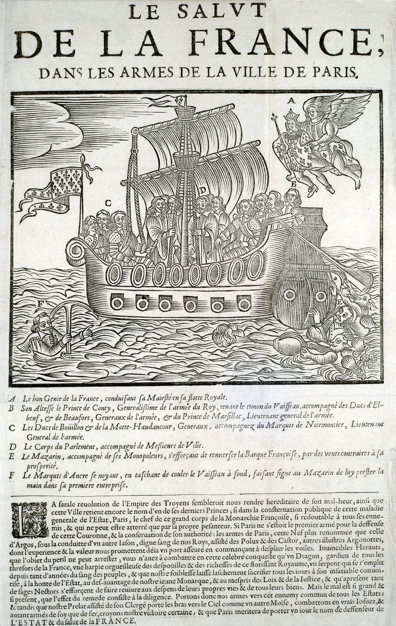 Madeira gravada. Panfleto político de Mazarinade: "A salvação da França, nos braços da Cidade de Paris" A - O bom génio da França, consumindo sua majestade (Luís XIII) na sua frota real, B - Príncipe de Conty, C - Duc de Bouillon et de la Motte-Hauda de Unknown artist