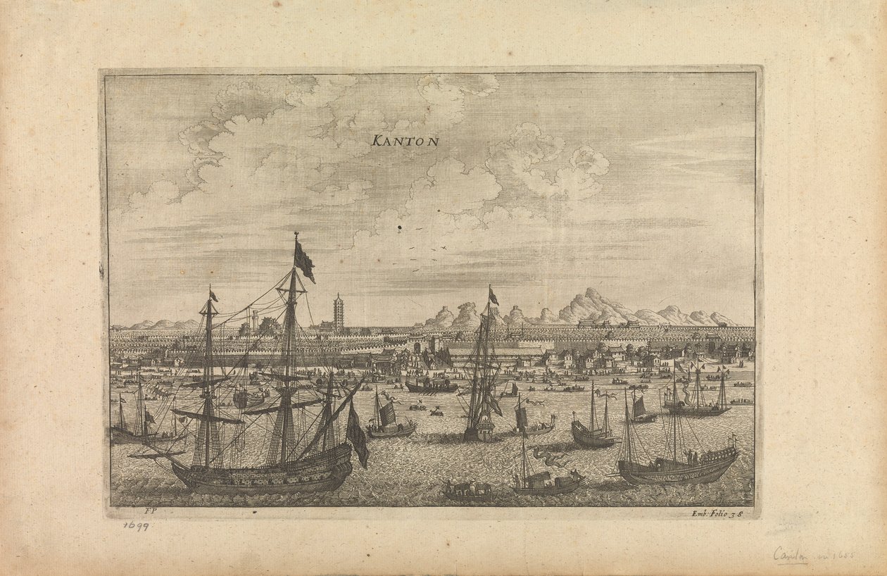 Gravura intitulada "Kanton 1655", que é a impressão do artista sobre Cantão a partir de um barco em 1655 de Unknown artist