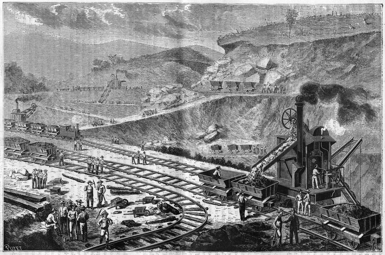 Gravura de 1885, mostrando o trabalho de perfuração do Istmo do Panamá. Vista de um dos ataques no estaleiro do Emperador. de Unknown artist