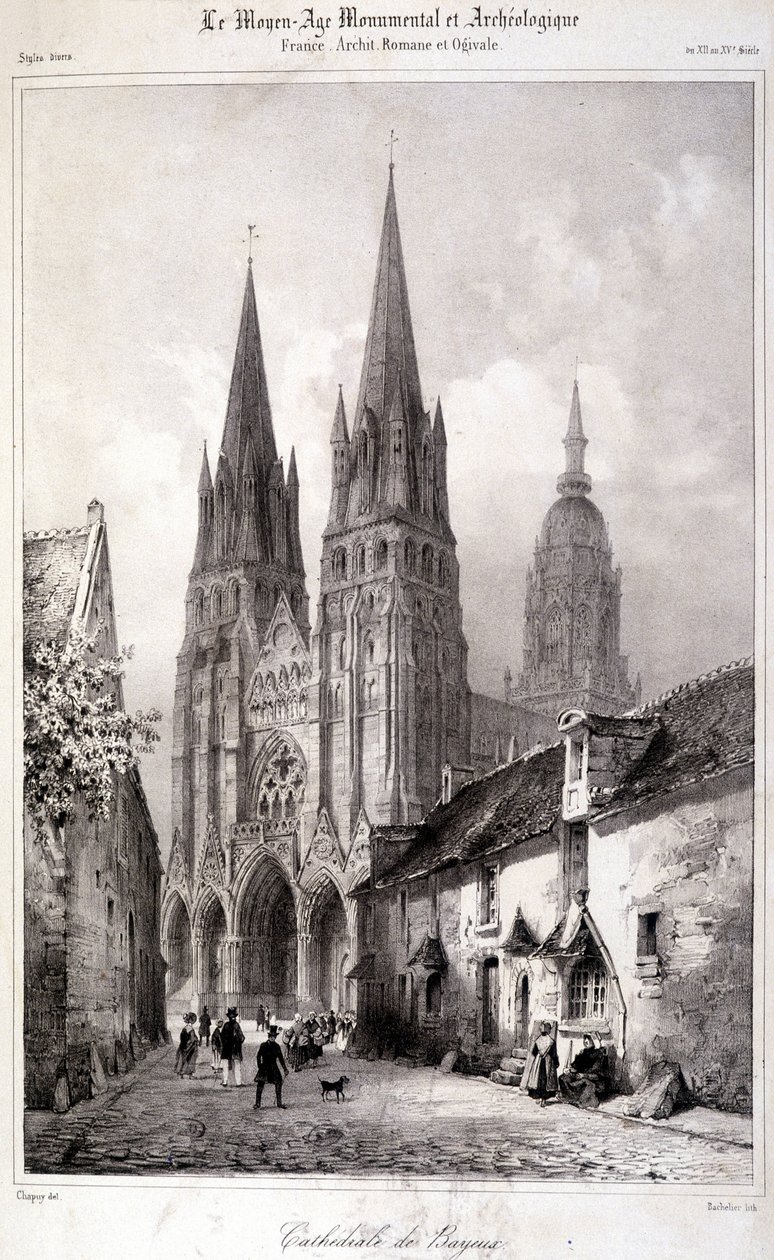 Gravura da Catedral de Bayeux publicada em "A Idade Média Monumental e Arqueológica". Século XIX de Unknown artist