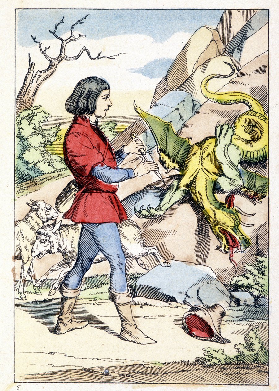 Gravura representando um pastor com uma faca pronta para enfrentar um dragão. A besta endureceu assim que o pastor abriu a sua faca. Conto de Charles Perrault: "A flauta e a faca encantada". de Unknown artist