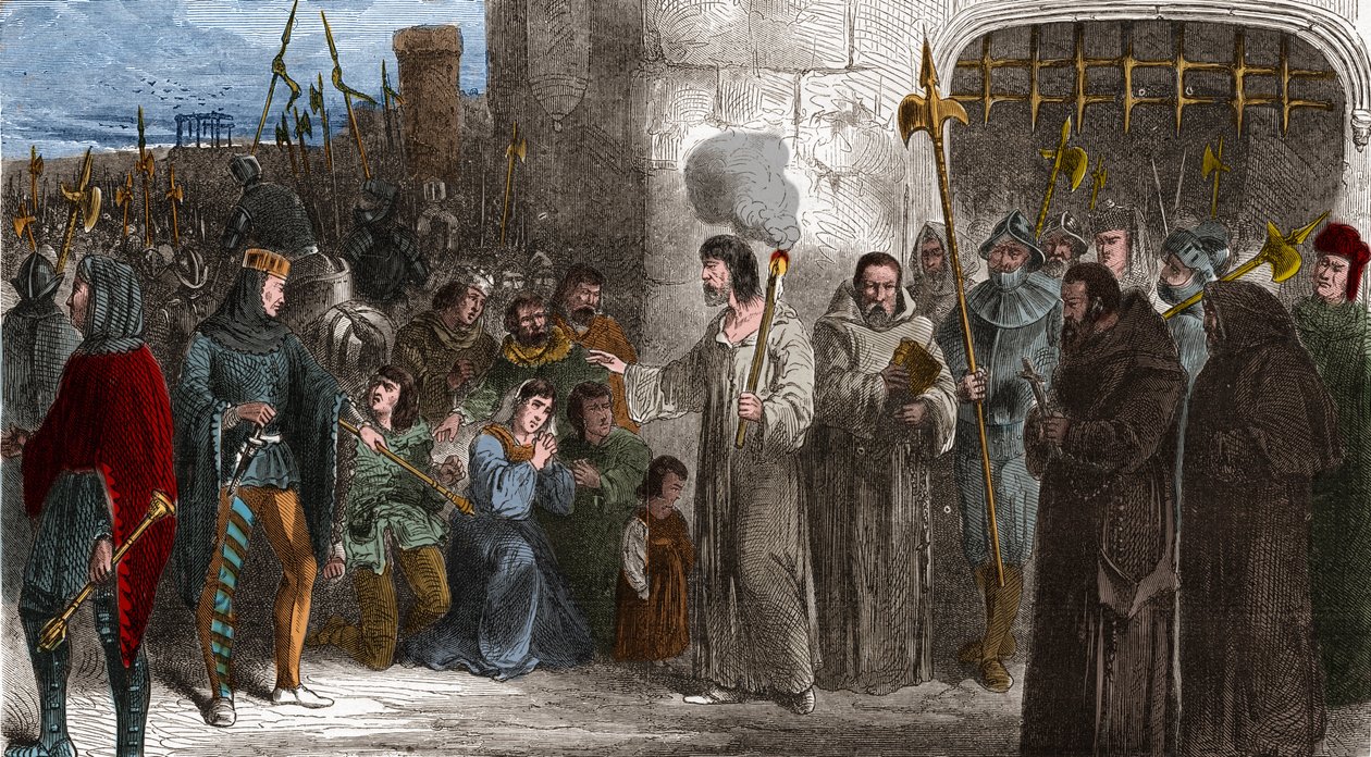 Camareiro Enguerrand de Marigny (1260-1315) e ministro do rei Felipe IV o Bel caminhando para a tortura em 1315. Gravura em "Histoire De France En Cent Paintings de Paul Lehugeur "1891 - Enguerrand de Marigny (1260-1315) camareiro e ministro de F de Unknown artist
