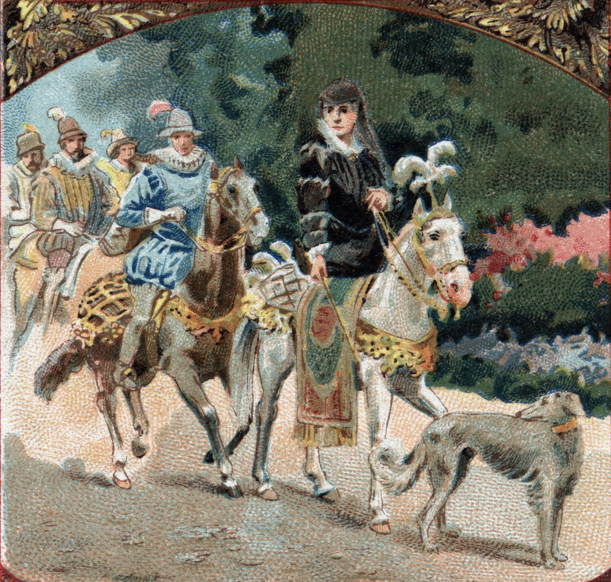 Entrada de Carlos IX (1550-1574) e Catarina de Medicis (Caterina de Medici) (1519-1589) no castelo de Chenonceaux. Cromolitografia do final do século XIX de Unknown artist