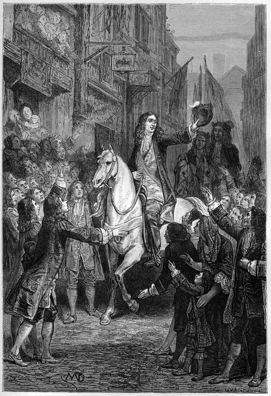 Entrada de Guilherme III da Inglaterra em Londres após sua derrota contra as tropas francesas - Entrada triunfante de Guilherme III de Orange-Nassau em Londres em 1692 - gravação em "L