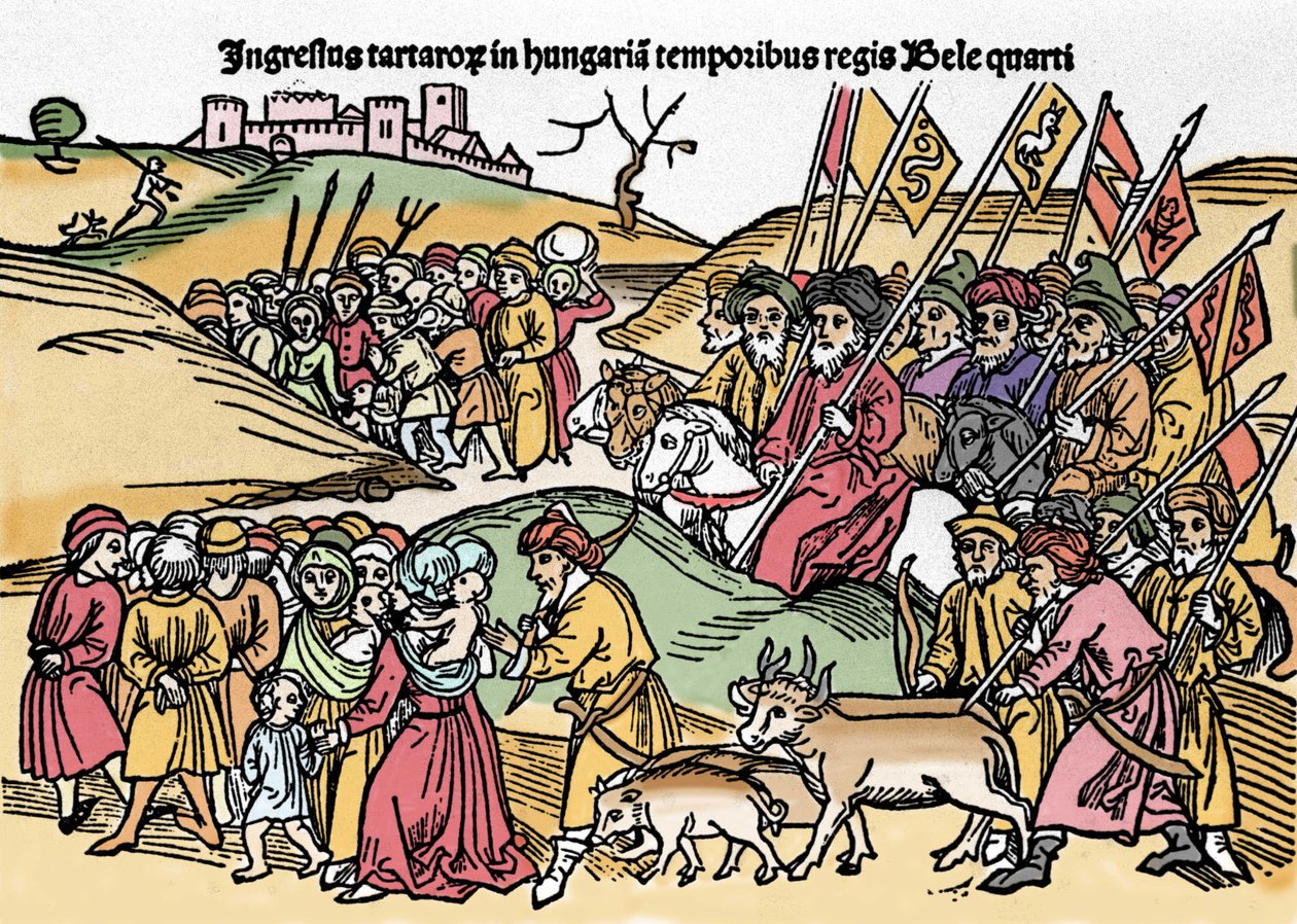 Entrada dos Tártaros na Hungria sob a regra de Bela IV (1235-1270) da Hungria. Gravura de "Chronica Hungariae". Biblioteca Marciana, Veneza. de Unknown artist