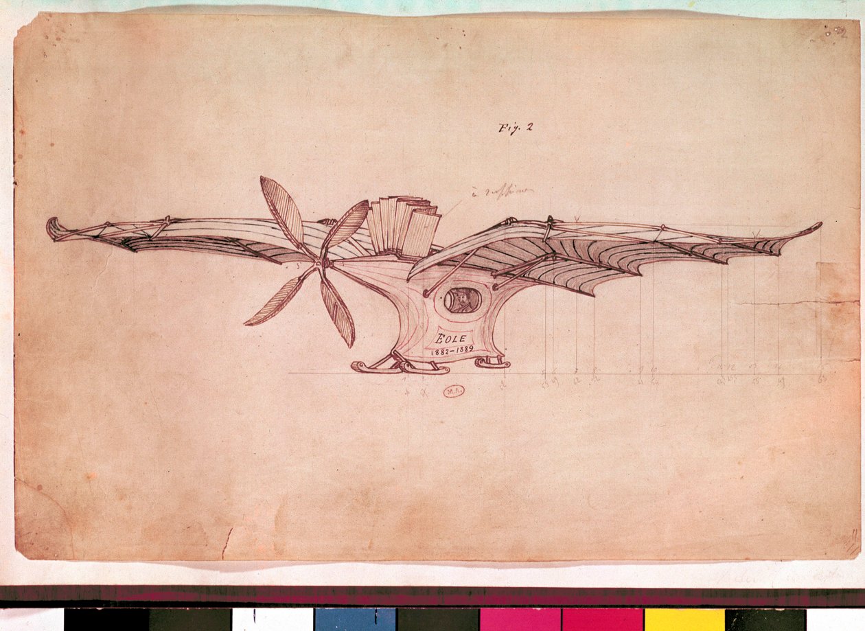 Eole Flying Machine. Representação do avião de Clement Ader. Desenho anónimo por volta de 1882-1889. Paris, Museu do Ar de Unknown artist