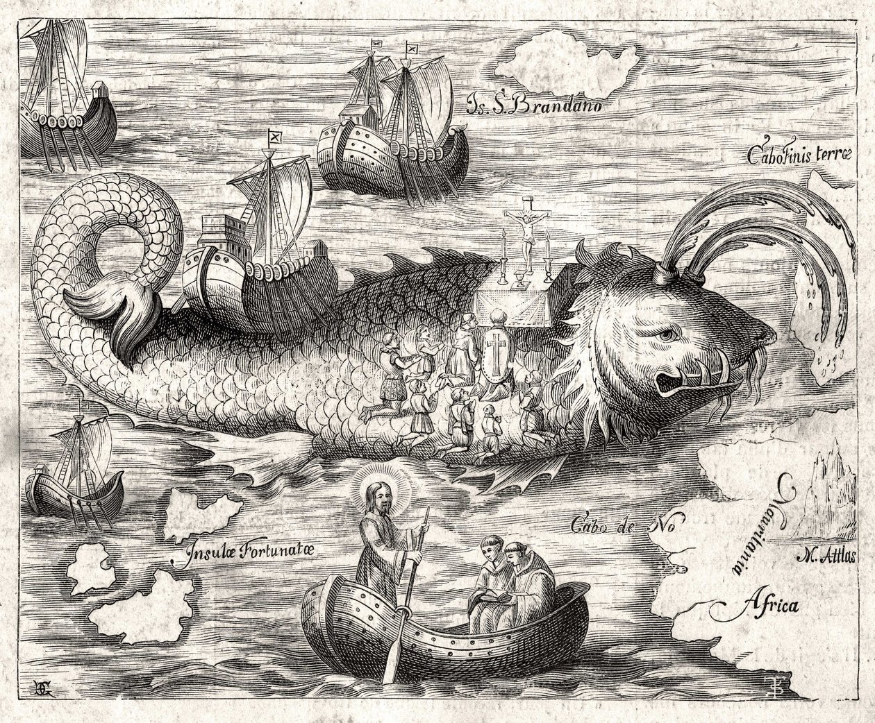 Episódio da Lenda de Saint Brandan (Brendan): uma fantástica viagem da abadia irlandesa do século VI em busca do Paraíso terrestre. Impressão de 1621. de Unknown artist