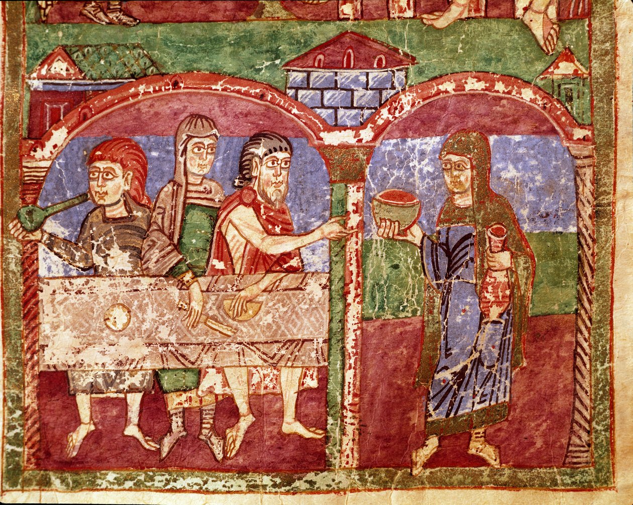 Episódio da vida de Sainte Radegonde (Radegundis) de Poitiers (519-587), esposa de Clotaire I, rei dos Francos: Radegonde durante as suas obras de caridade serve à mesa dos pobres. Miniatura de um manuscrito do século XI. Biblioteca Municipal de Poitiers de Unknown artist