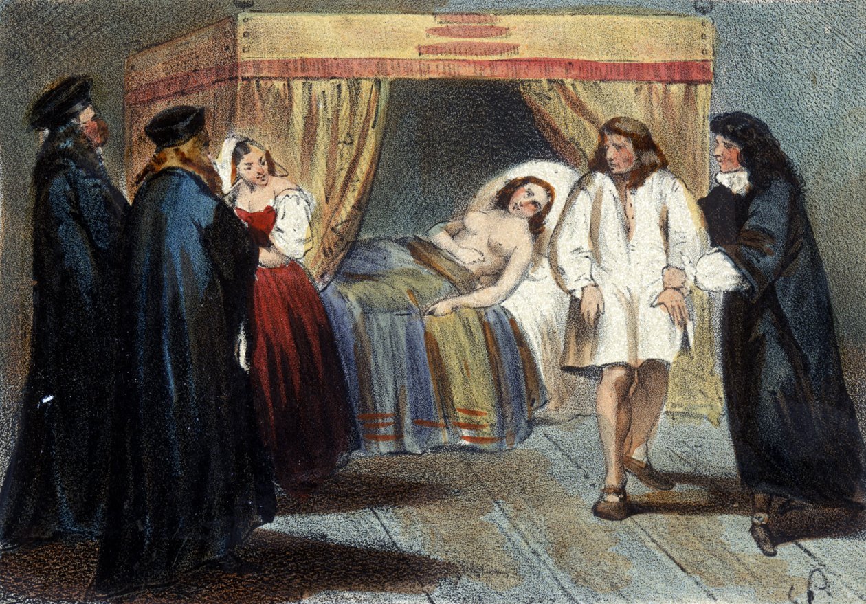 Episódio do teste de masculinidade de Vicente I Gonzague (1562 - 1612), Duque de Mântua, por seu casamento com a filha de Francisco de Médici, Eléonore em 1584. Ele era suspeito de não ter herdeiros. Litografia do século XIX. de Unknown artist