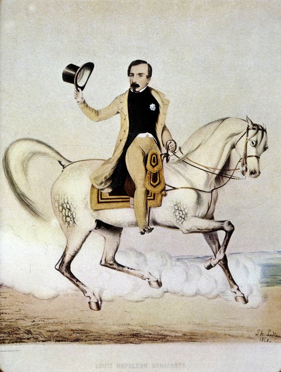 Retrato equestre de Louis Napoleon Bonaparte (Louis-Napoleon III) em roupas civis em 1848. de Unknown artist