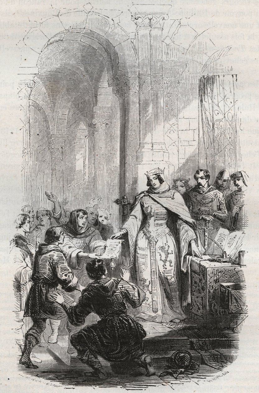 Ermesinde, Condessa do Luxemburgo - Carta de porte concedida por Ermesinde Iere do Luxemburgo aos habitantes do Luxemburgo em 1243 - Gravura de 1868 na "História da Bélgica desde os tempos primitivos até ao fim do Leopold I" de Theodore Juste (1818-1888) - de Unknown artist