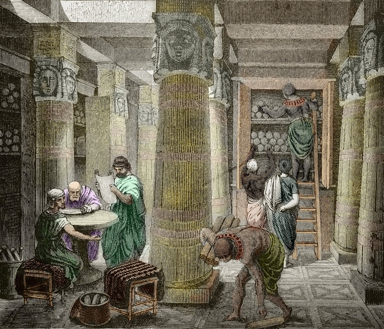Erudits na biblioteca de Alexandria, destruída em 642, Egipto) (Vista da biblioteca de Alexandria, Egipto) Século XIX (gravura) de Unknown artist