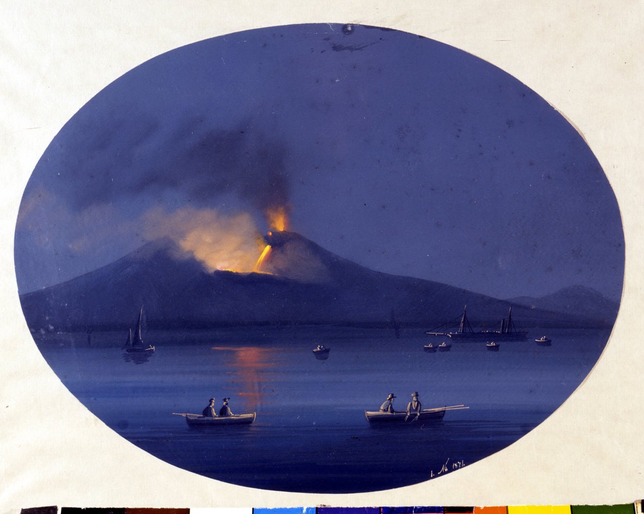 Erupção nocturna do monte Etna vista do mar ao largo de Catania. Pintura anónima do século XIX. de Unknown artist
