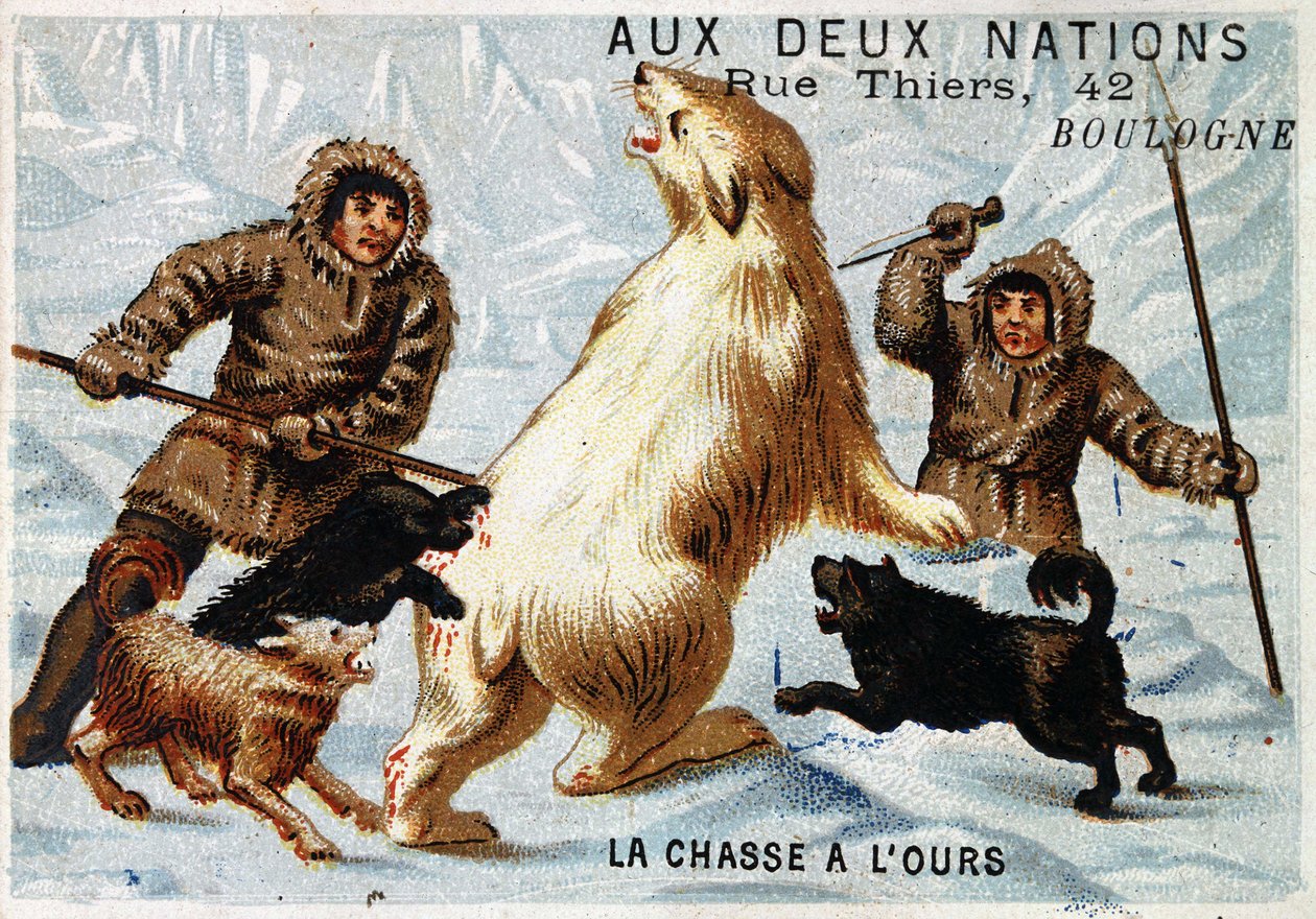 Esquimós, Caça ao Urso, Publicidade na Loja "aux deux nations", Boulogne, v. 1895 de Unknown artist