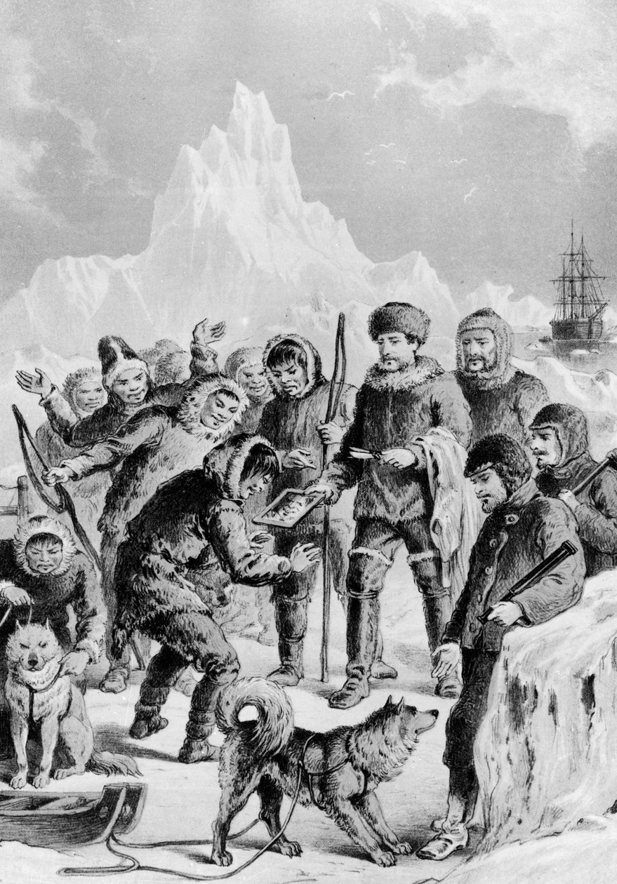 Esquimós descobrindo um espelho trazido pelos expedidores - Expedição Ártica a partir das costas britânicas e estrangeiras desde as primeiras expedições de 1875 até às expedições de 1875. de Unknown artist