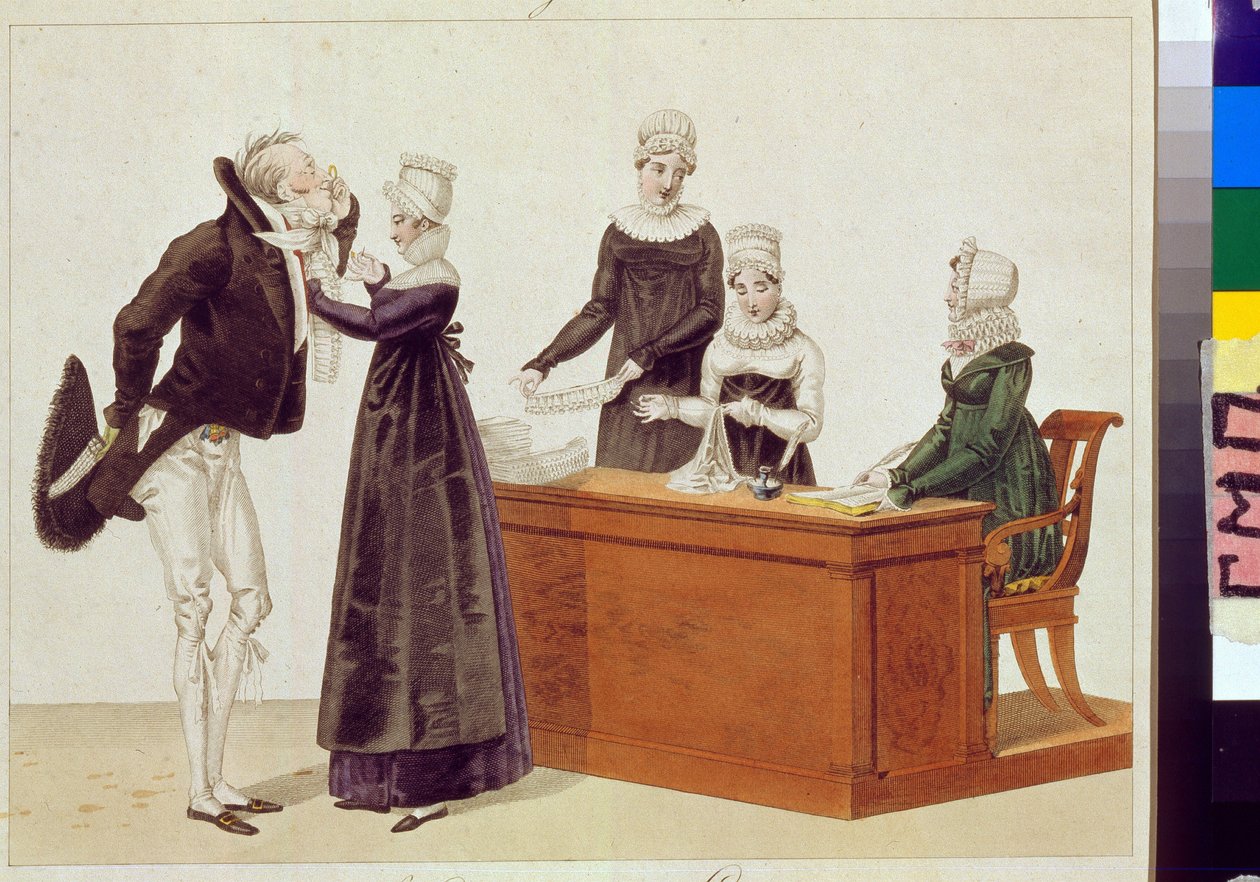 Experimentar um jabot. Trabalho anónimo, aguarela sobre papel, cerca de 1815. Desenho animado do século XIX. Museu Estatal de A.S. Pushkin, Moscovo. de Unknown artist