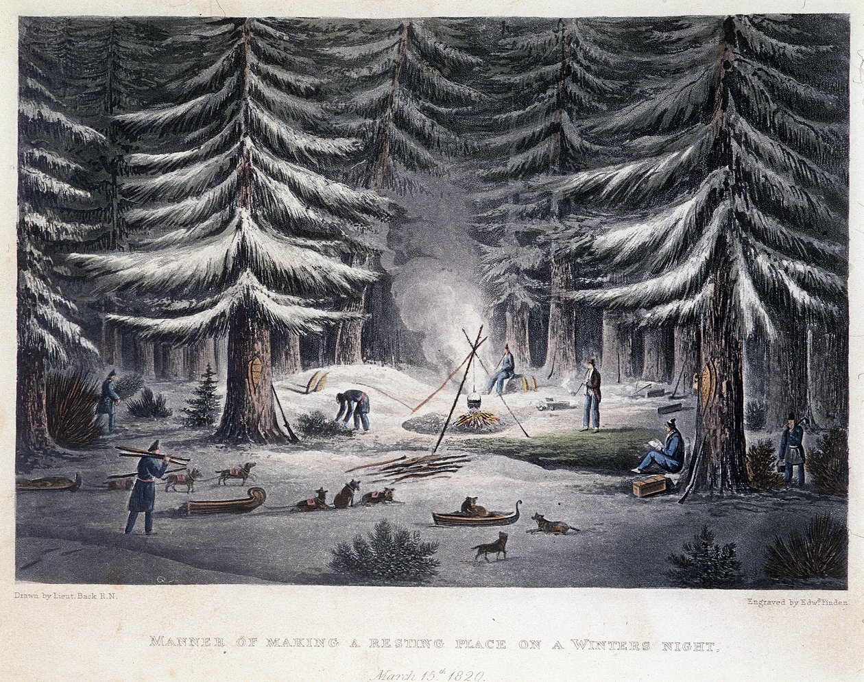 Estabelecimento de um acampamento durante uma noite de inverno - em "Narrativa de uma viagem às margens do mar polar nos anos 1819-1821", por John Franklin, ed. Londres de Unknown artist