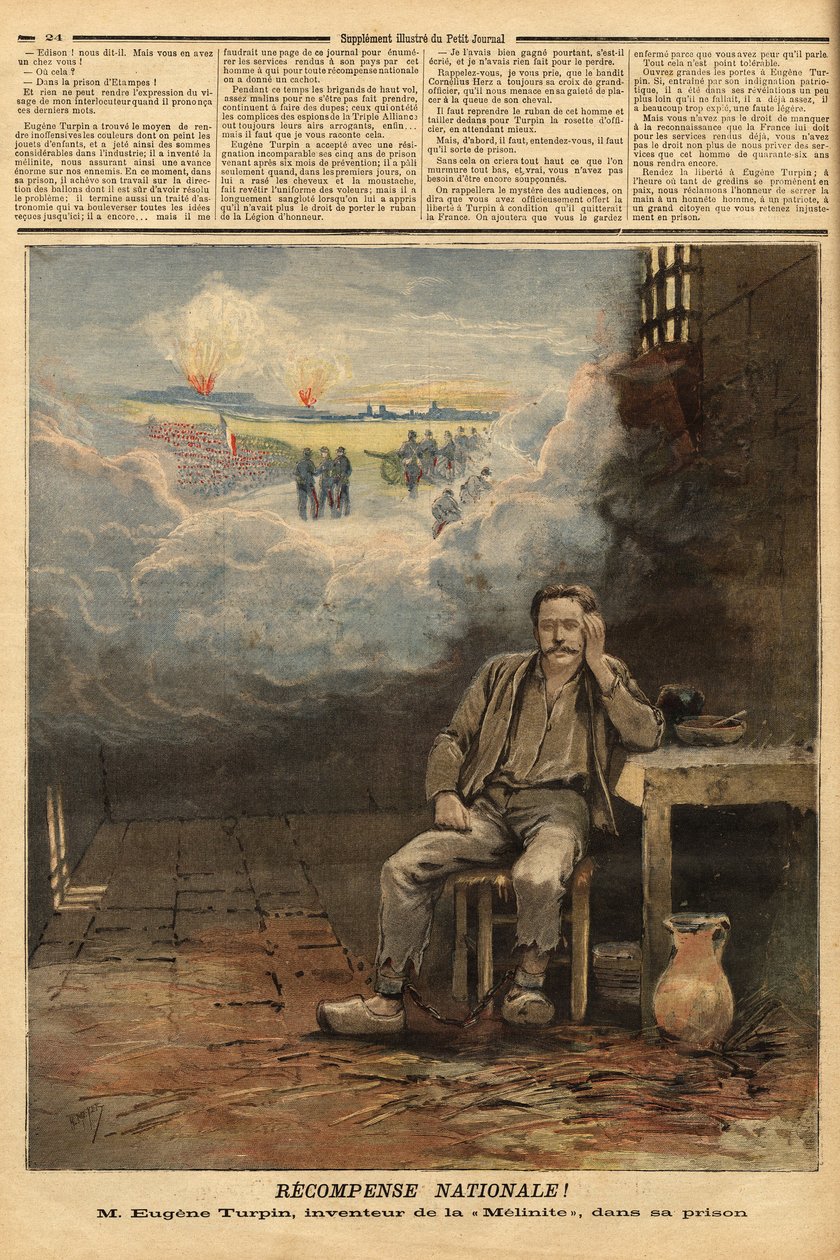 Eugene Turpin (1848-1927) químico, inventor em 1884 da melinite (um explosivo), em sua cela, acusado (erroneamente) de ter vendido sua invenção ao inimigo. Ele inspira Júlio Verne para o personagem de Thomas Roch no romance "Face au drapeau". Gravação em de Unknown artist